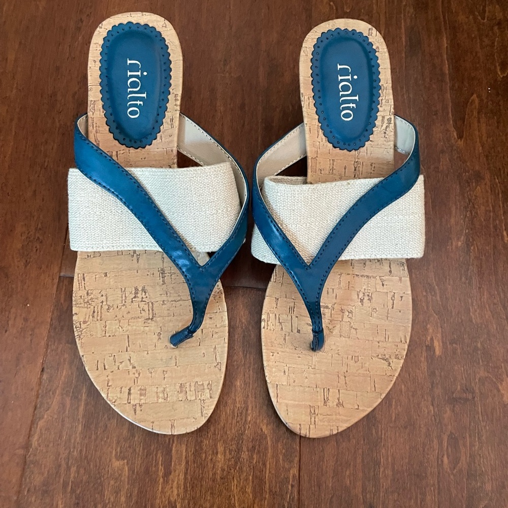 Rialto Blue and Cream Sandals with Cork Footbed